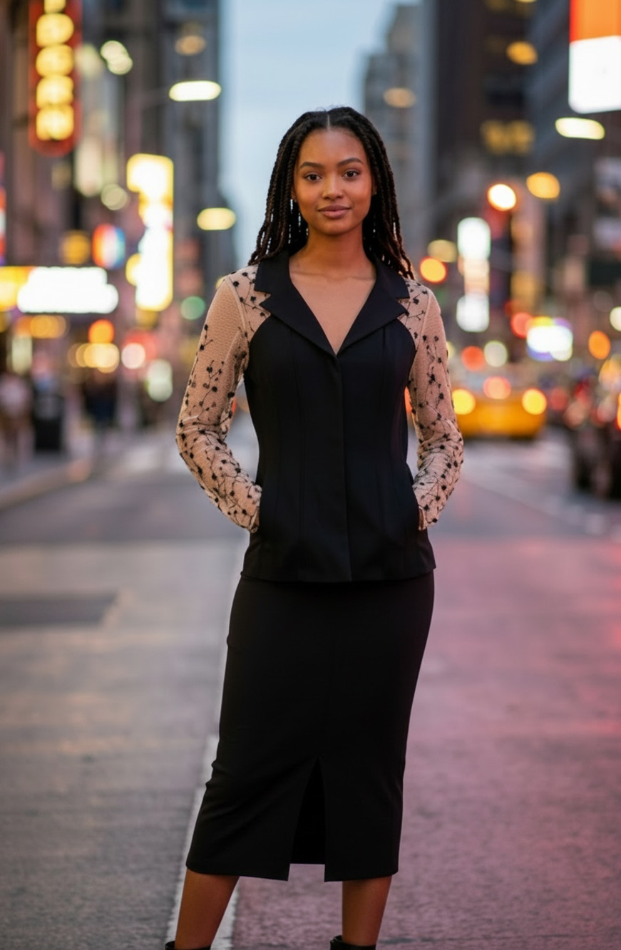 Anna Marchetti Made in Italy Black Lace Sleeve Jacket Top Size 8/10 Lapel Collar